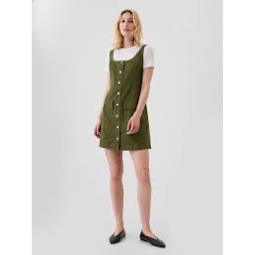 Gap Utility Button Mini Dress Womens M Petite Green Sleeveless Cotton